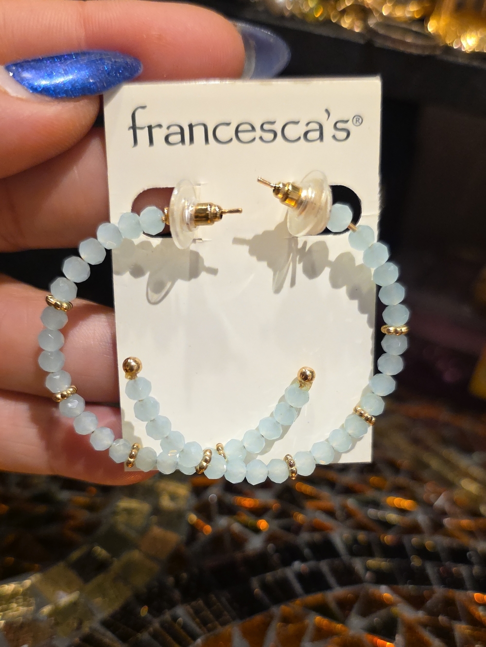 Francesca's Collections Pale Blue Beaded Gold Accent Hoop Earrings
